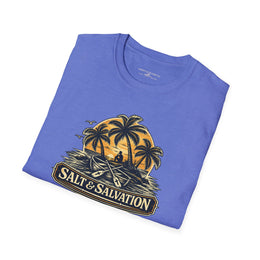 Coastal Faith | Salt & Salvation — T-Shirt Tropical Palm Island Sunset Graphic | Veteran-Owned Small Business | Liberty & Victory Co.