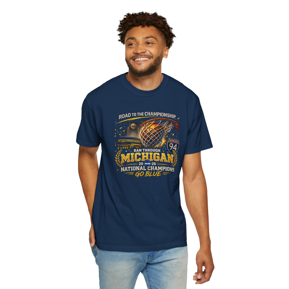 Michigan Wolverines Basketball T-Shirt | Go Blue National Champions Retro Trophy Garment-Dyed Tee | Victory-One | Liberty & Victory