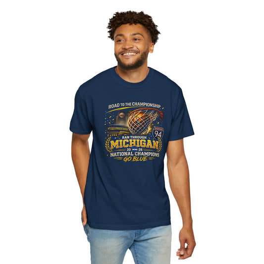 Michigan Wolverines Basketball T-Shirt | Go Blue National Champions Retro Trophy Garment-Dyed Tee | Victory-One | Liberty & Victory