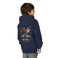 Christian | Stand Firm — Non Nobis Sed Deo Youth Hoodie Front + Back | Veteran-Owned Small Business | Liberty & Victory Co.