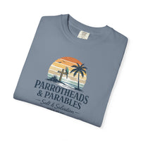 Christian Beach T-Shirt | Parrotheads & Parables Retro Palm Cross Sunset Garment-Dyed Tee | Salt & Salvation | Liberty & Victory