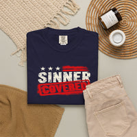 Patriotic Faith | SINNER COVERED — Heritage Garment-Dyed T-Shirt Distressed Americana Flag Faith Declaration | Veteran-Owned Small Business | Liberty & Victory Co.