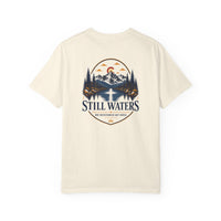 Christian T-Shirt | Still Waters | He Restores My Soul | Psalm 23 | Mountain Lake + Cross | Wonder & Wander | Signature Line | Veteran-Owned | Liberty & Victory Co.