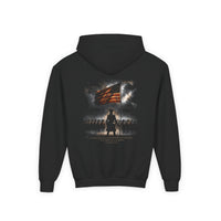 Christian | Stand Firm — Non Nobis Sed Deo Youth Hoodie Front + Back | Veteran-Owned Small Business | Liberty & Victory Co.