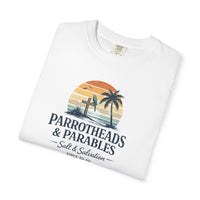 Christian Beach T-Shirt | Parrotheads & Parables Retro Palm Cross Sunset Garment-Dyed Tee | Salt & Salvation | Liberty & Victory