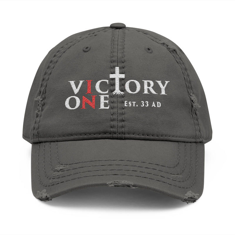 Victory One Embroidered Distressed Hat — Christian Cross Baseball Cap