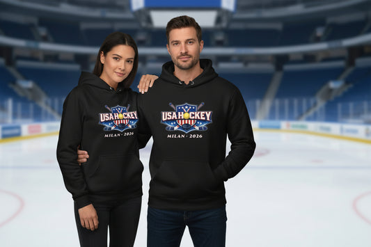 Black hoodie with USA Hockey logo and text on a white background