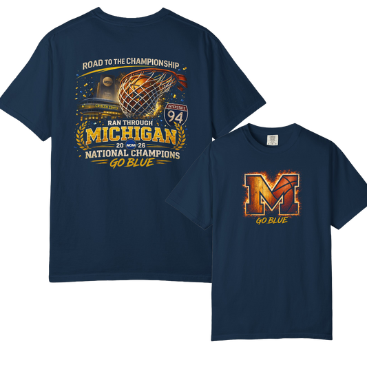 Michigan Wolverines Basketball T-Shirt | Road to the Championship Vintage Block M Garment-Dyed Tee | Victory-One | Liberty & Victory