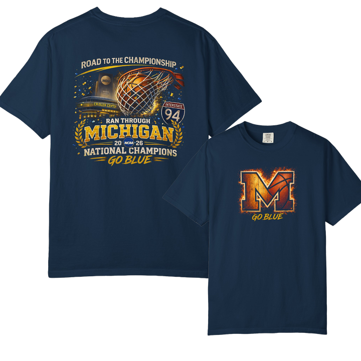 Michigan Wolverines Basketball T-Shirt | Road to the Championship Vintage Block M Garment-Dyed Tee | Victory-One | Liberty & Victory