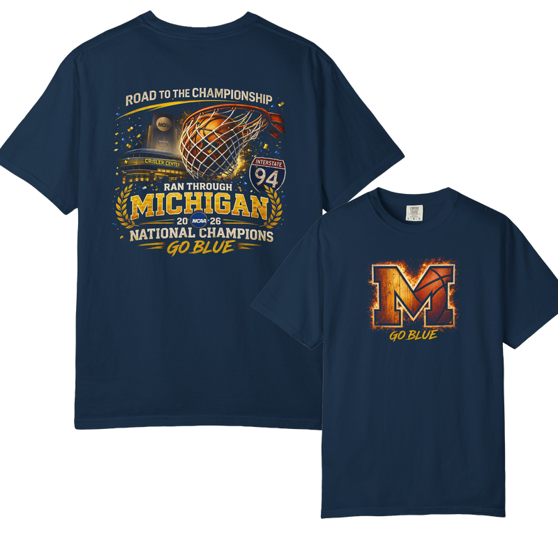 Michigan Wolverines Basketball T-Shirt | Road to the Championship Vintage Block M Garment-Dyed Tee | Victory-One | Liberty & Victory