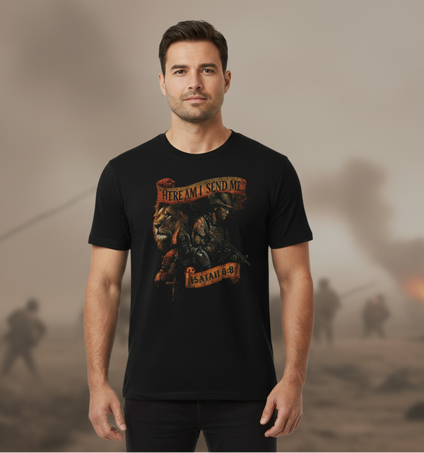 T-Shirt — "Here I Am, Send Me" Isaiah 6:8 Christian Faith Graphic Tee