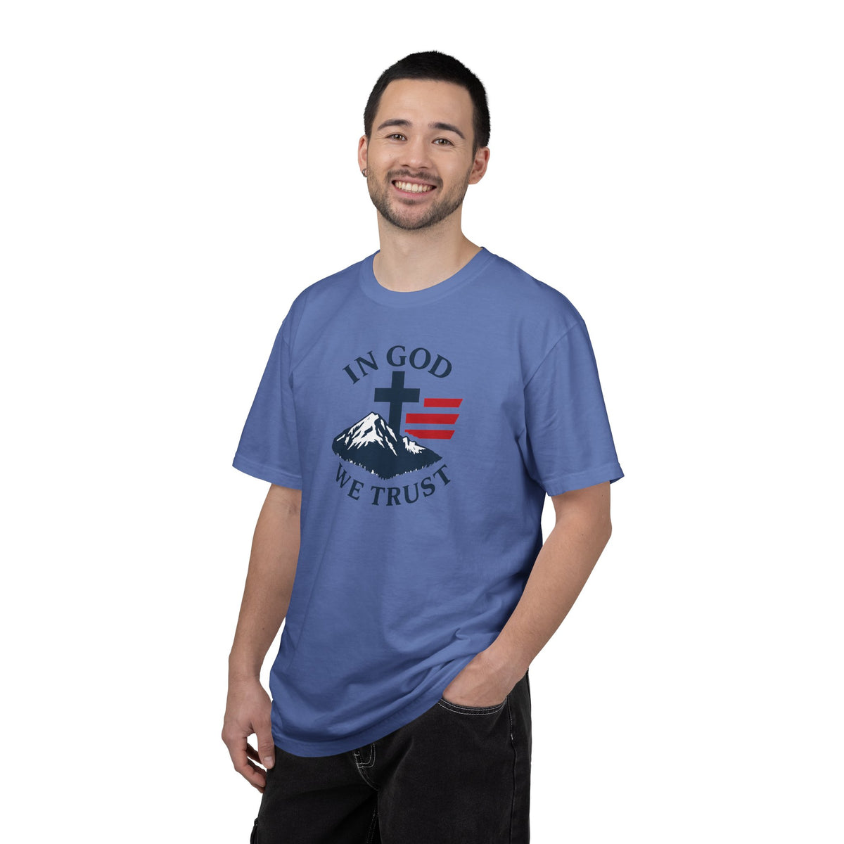 In God We Trust Christian Cross Mountain Tee | Faith Patriotic Shirt