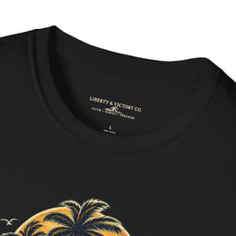 Coastal Faith | Salt & Salvation — T-Shirt Tropical Palm Island Sunset Graphic | Veteran-Owned Small Business | Liberty & Victory Co.
