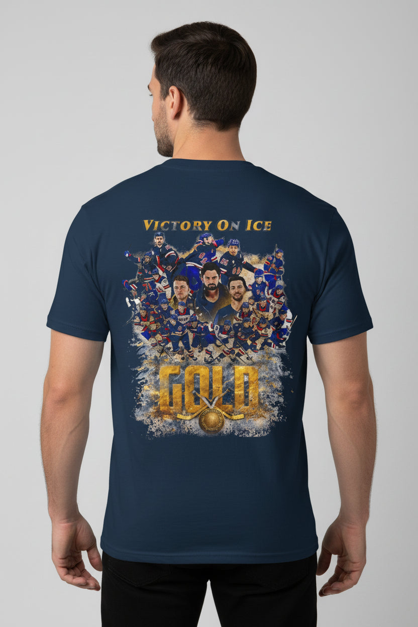 Navy blue t-shirt with 'Victory on Ice Gold' graphic design on a white background