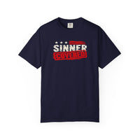 Patriotic Faith | SINNER COVERED — Heritage Garment-Dyed T-Shirt Distressed Americana Flag Faith Declaration | Veteran-Owned Small Business | Liberty & Victory Co.