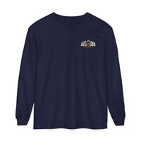 Mountain Faith | Fearless Altitude Since 33 AD — Garment-Dyed Long Sleeve Altitude Cross Graphic | Veteran-Owned Small Business | Liberty & Victory Co.