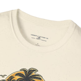 Coastal Faith | Salt & Salvation — T-Shirt Tropical Palm Island Sunset Graphic | Veteran-Owned Small Business | Liberty & Victory Co.