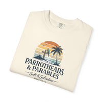 Christian Beach T-Shirt | Parrotheads & Parables Retro Palm Cross Sunset Garment-Dyed Tee | Salt & Salvation | Liberty & Victory