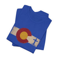 Christian T-Shirt | Colorado Flag Cross | Faith & State Graphic Tee | 1776 Founders Line | Veteran-Owned | Liberty & Victory Co.