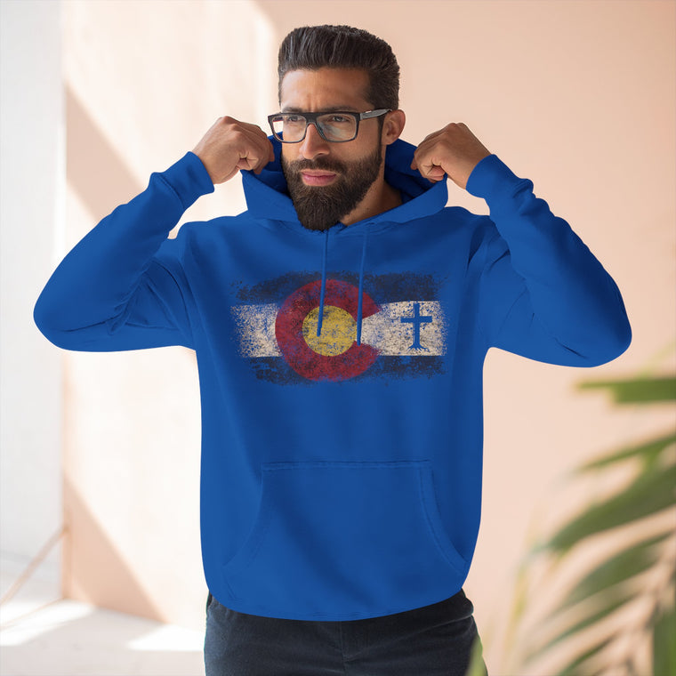 Christian Hoodie | Colorado Flag with Rooted Cross | Distressed Three-Panel Fleece | Liberty-In-One | Signature Line | Veteran-Owned | Liberty & Victory Co.