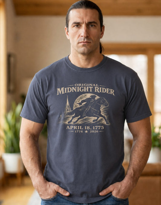 Patriotic Christian T-Shirt | Midnight Rider April 18 1775 America 250th Tee | Liberty-In-One | Liberty & Victory