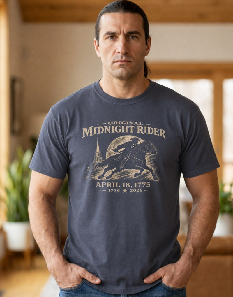 Patriotic Christian T-Shirt | Midnight Rider April 18 1775 America 250th Tee | Liberty-In-One | Liberty & Victory
