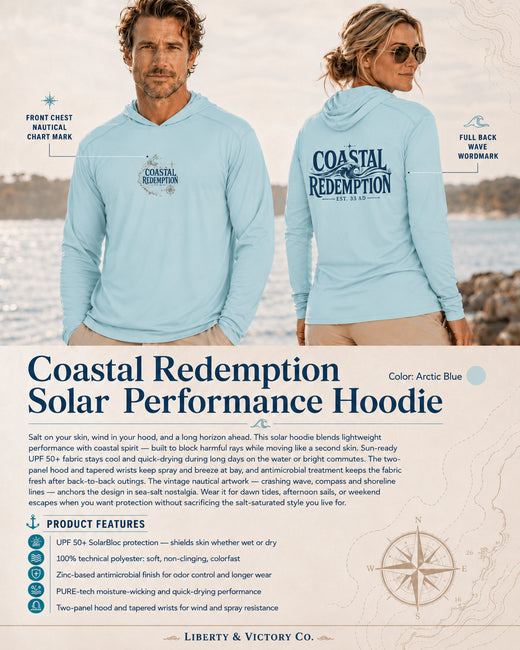 Coastal Faith Sun Hoodie | Coastal Redemption UPF 50+ Solar Hoodie | Salt & Salvation | Veteran-Owned | Liberty & Victory Co.