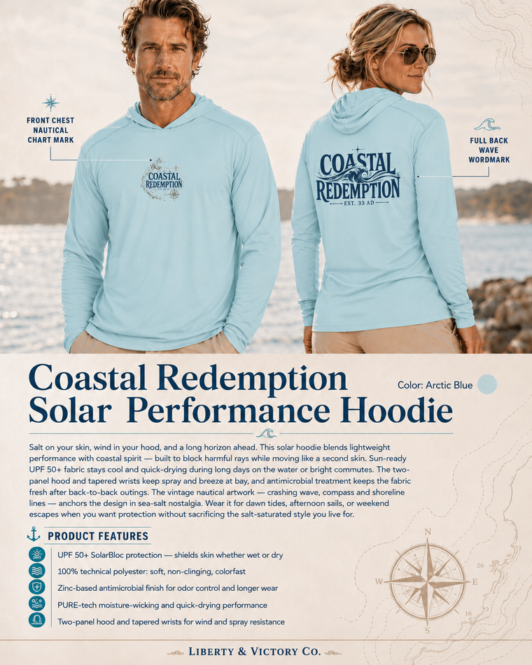 Coastal Faith Sun Hoodie | Coastal Redemption UPF 50+ Solar Hoodie | Salt & Salvation | Veteran-Owned | Liberty & Victory Co.