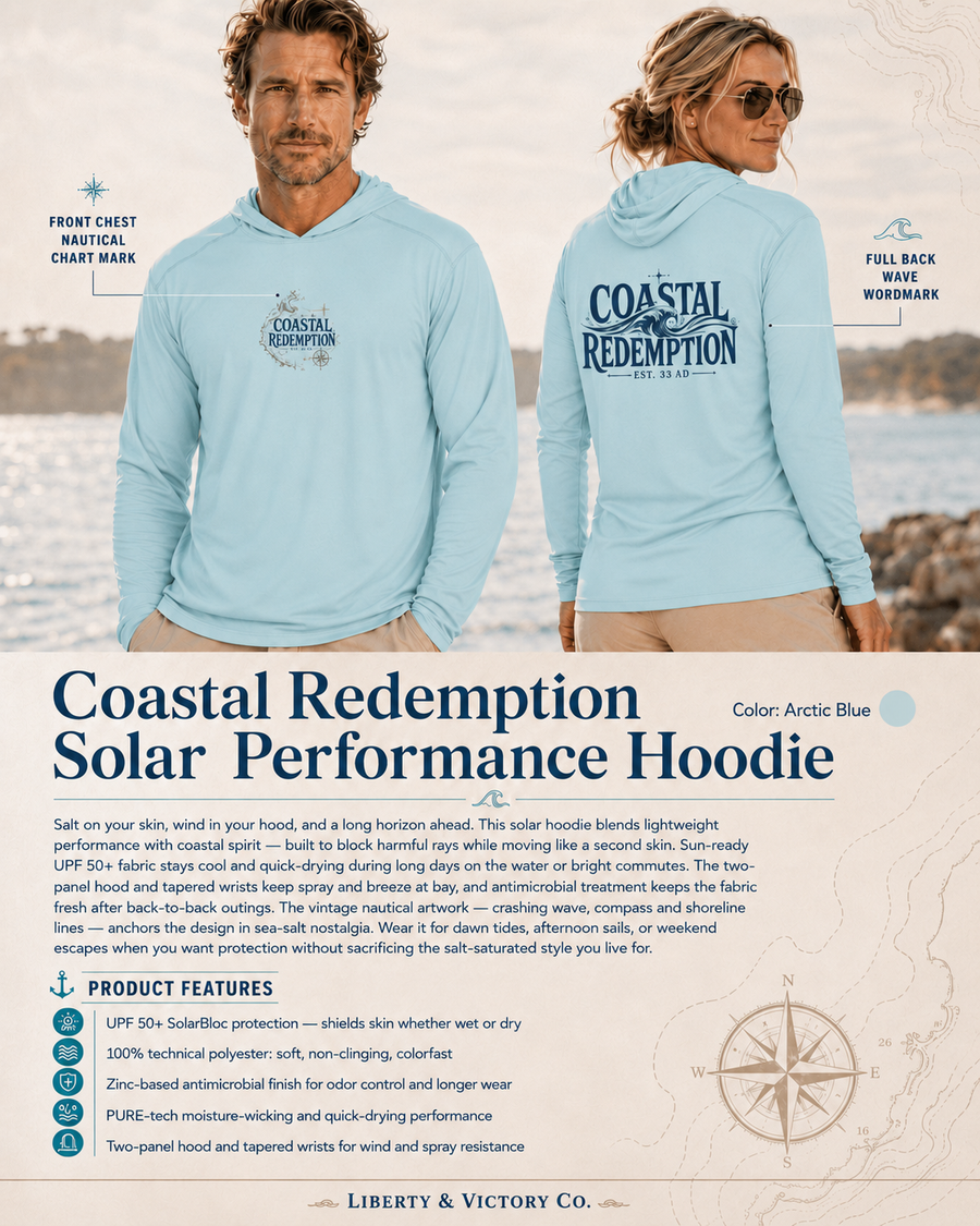 Coastal Faith Sun Hoodie | Coastal Redemption UPF 50+ Solar Hoodie | Salt & Salvation | Veteran-Owned | Liberty & Victory Co.