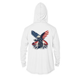 Christian Patriotic Sun Hoodie | One Nation Under God & OMR Eagle | UPF 50+ Solar Hoodie | Eagle Flag Design | Signature Line | Built with Intention
