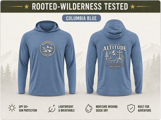 Christian Outdoor Hoodie | Rooted at Altitude | Summit Cross Mountain Graphic | UPF 50+ Solar | Wonder & Wander | Signature Line | Veteran-Owned | Liberty & Victory Co.