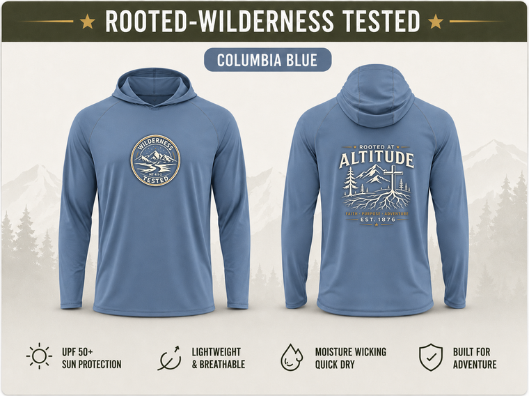 Christian Outdoor Hoodie | Rooted at Altitude | Summit Cross Mountain Graphic | UPF 50+ Solar | Wonder & Wander | Signature Line | Veteran-Owned | Liberty & Victory Co.