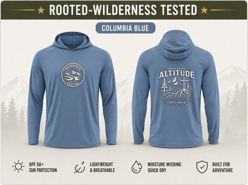 Christian Outdoor Hoodie | Rooted at Altitude | Summit Cross Mountain Graphic | UPF 50+ Solar | Wonder & Wander | Signature Line | Veteran-Owned | Liberty & Victory Co.