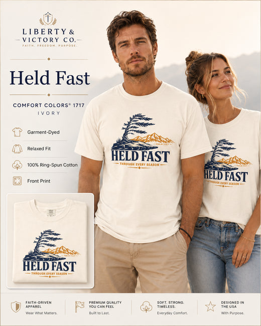 Christian T-Shirt | Held Fast Through Every Season | Psalm 112:7 | High Altitude Veteran-Owned | Liberty & Victory Co.