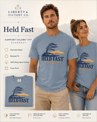 Christian T-Shirt | Held Fast Through Every Season | Psalm 112:7 | High Altitude Veteran-Owned | Liberty & Victory Co.