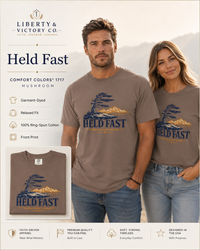 Christian T-Shirt | Held Fast Through Every Season | Psalm 112:7 | High Altitude Veteran-Owned | Liberty & Victory Co.