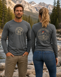 Coastal Faith | Not All Who Wander Are Lost — Garment-Dyed Long Sleeve Tee | Compass + Mountain Badge | Veteran-Owned Small Business | Liberty & Victory Co.
