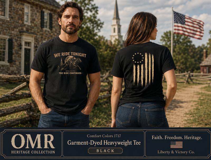 Patriotic Faith | We Ride Tonight — Heritage Tee | Battle Flag × Revere Edition | Veteran-Owned Small Business | Liberty & Victory Co.