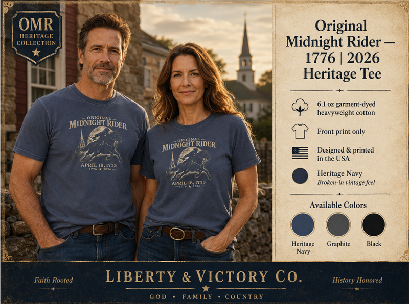 Patriotic Faith | Original Midnight Rider — 1776 I 2026 Heritage Tee | Veteran-Owned Small Business | Liberty & Victory Co.