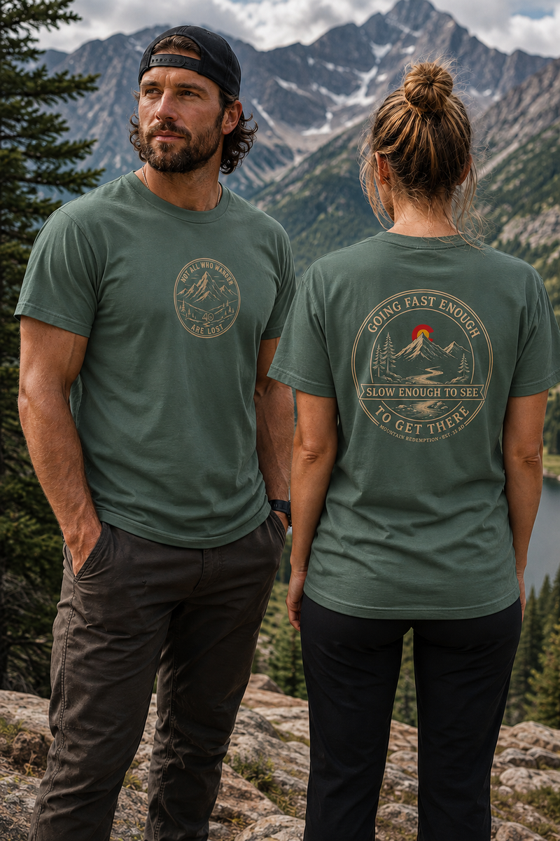 Mountain Faith | Not All Who Wander Are Lost — Heritage Tee | Going Fast Enough to Get There | Veteran-Owned Small Business | Liberty & Victory Co.
