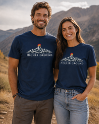 Mountain Faith | Higher Ground — T-Shirt | Colorado Flag Sunset Graphic | Veteran-Owned Small Business | Liberty & Victory Co.