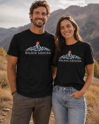 Mountain Faith | Higher Ground — T-Shirt | Colorado Flag Sunset Graphic | Veteran-Owned Small Business | Liberty & Victory Co.