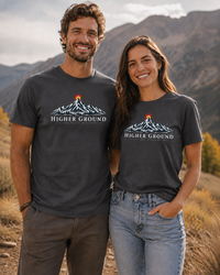 Mountain Faith | Higher Ground — T-Shirt | Colorado Flag Sunset Graphic | Veteran-Owned Small Business | Liberty & Victory Co.