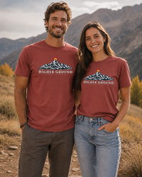 Mountain Faith | Higher Ground — T-Shirt | Colorado Flag Sunset Graphic | Veteran-Owned Small Business | Liberty & Victory Co.