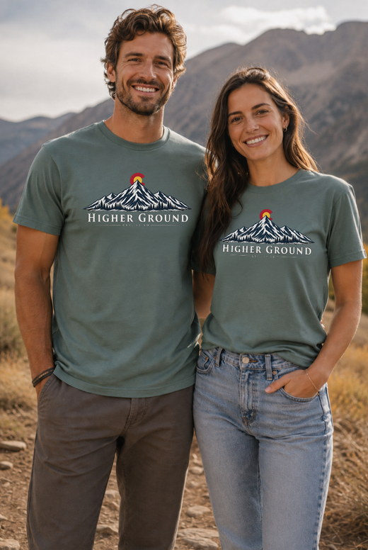 Mountain Faith | Higher Ground — T-Shirt | Colorado Flag Sunset Graphic | Veteran-Owned Small Business | Liberty & Victory Co.