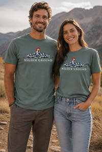 Mountain Faith | Higher Ground — T-Shirt | Colorado Flag Sunset Graphic | Veteran-Owned Small Business | Liberty & Victory Co.