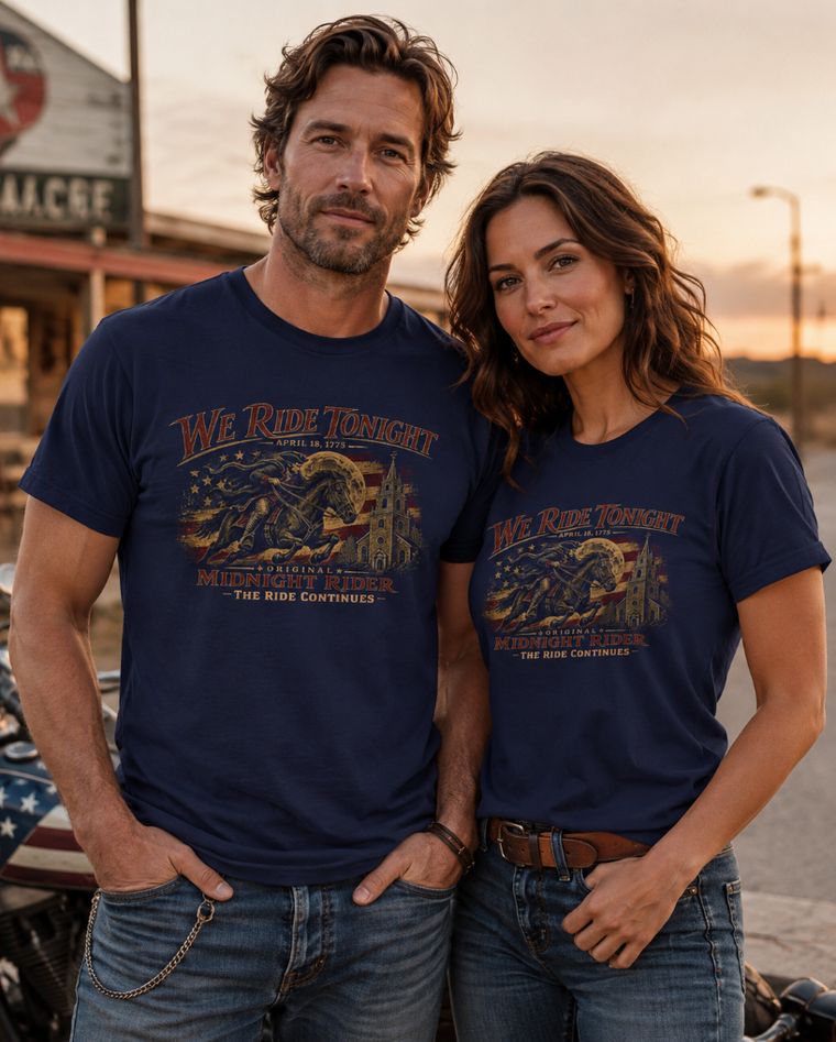 Patriotic Faith | We Ride Tonight — Revere RWB Edition — Heritage Garment-Dyed Tee | Veteran-Owned Small Business | Liberty & Victory Co.