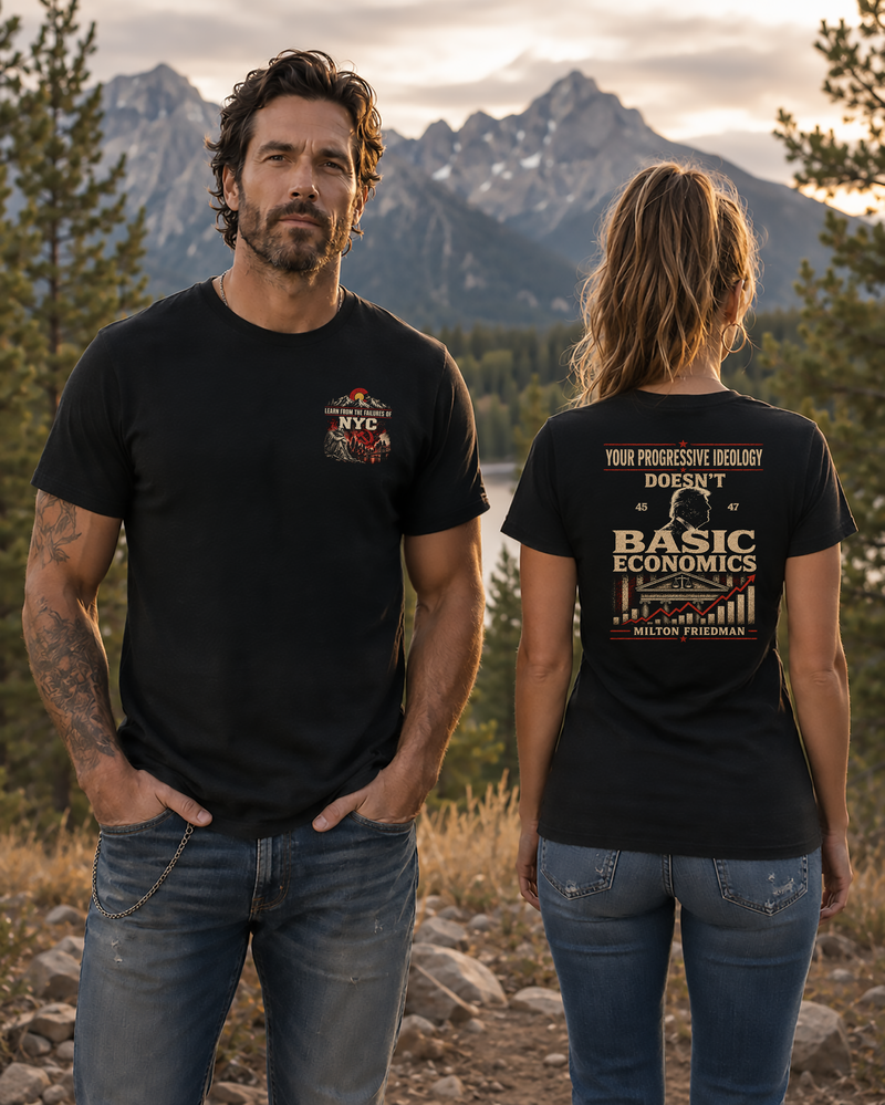 Patriotic Faith | Don't Repeat NYC Mistakes — Basic Economics T-Shirt Front + Back | Veteran-Owned Small Business | Liberty & Victory Co.