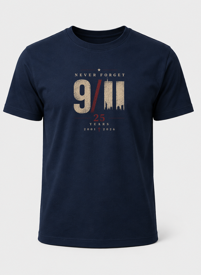 Patriotic Faith | 9/11 Never Forget — T-Shirt 25th Anniversary Memorial 2001–2026 | Veteran-Owned Small Business | Liberty & Victory Co. (Copy)