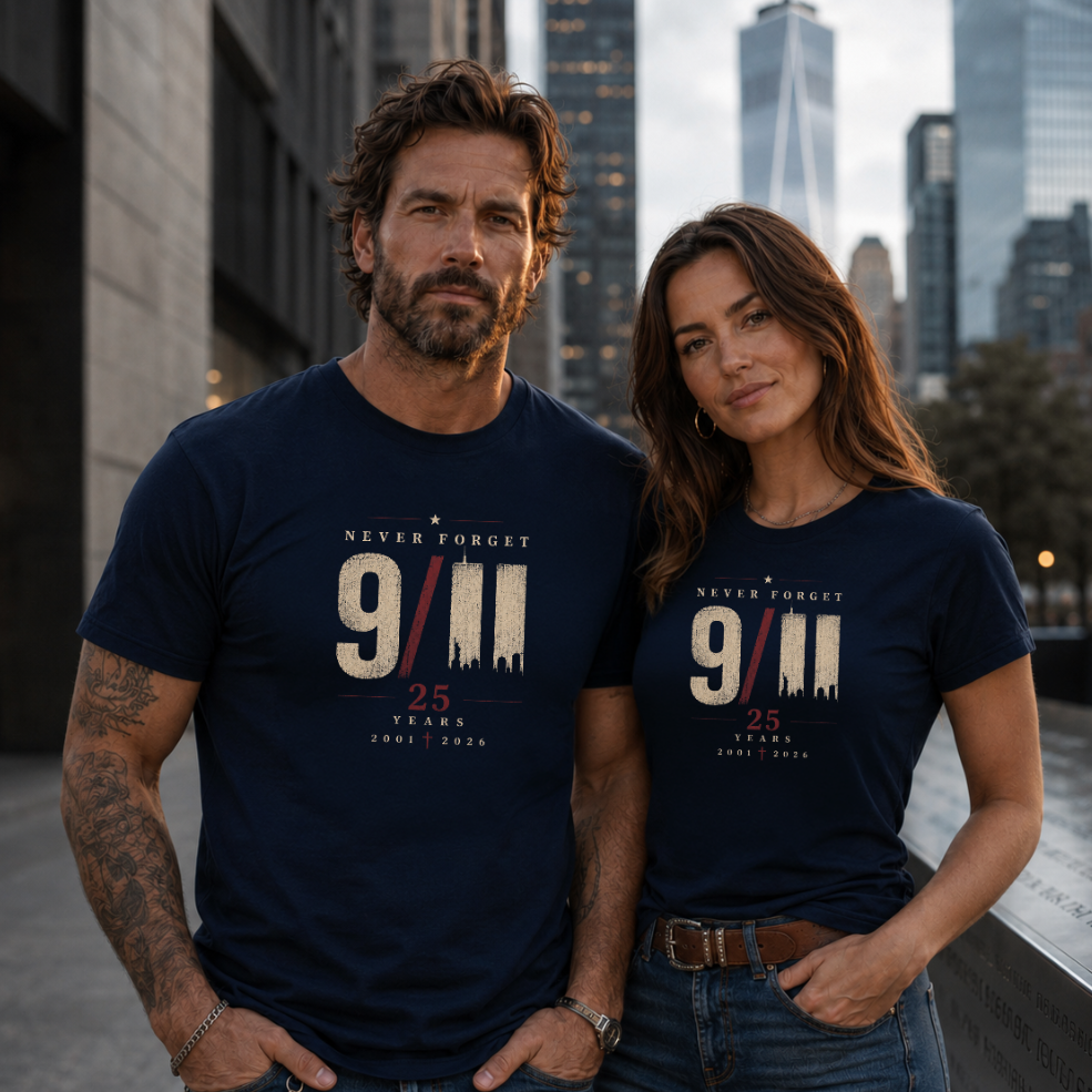 Patriotic Faith | 9/11 Never Forget — T-Shirt 25th Anniversary Memorial 2001–2026 | Veteran-Owned Small Business | Liberty & Victory Co. (Copy)